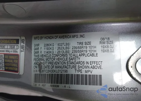 2019 Acura Rdx Standard from USA, damaged, VIN 5J8TC2H30KL012196